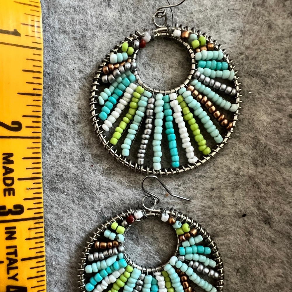 Beaded Multicolor Silver Hoop Earrings
